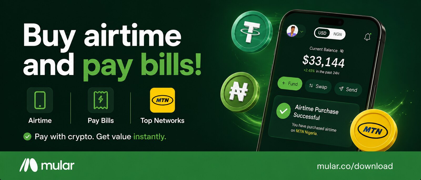 The Mular app confirming an airtime purchase on MTN, beside USDT and Naira coins